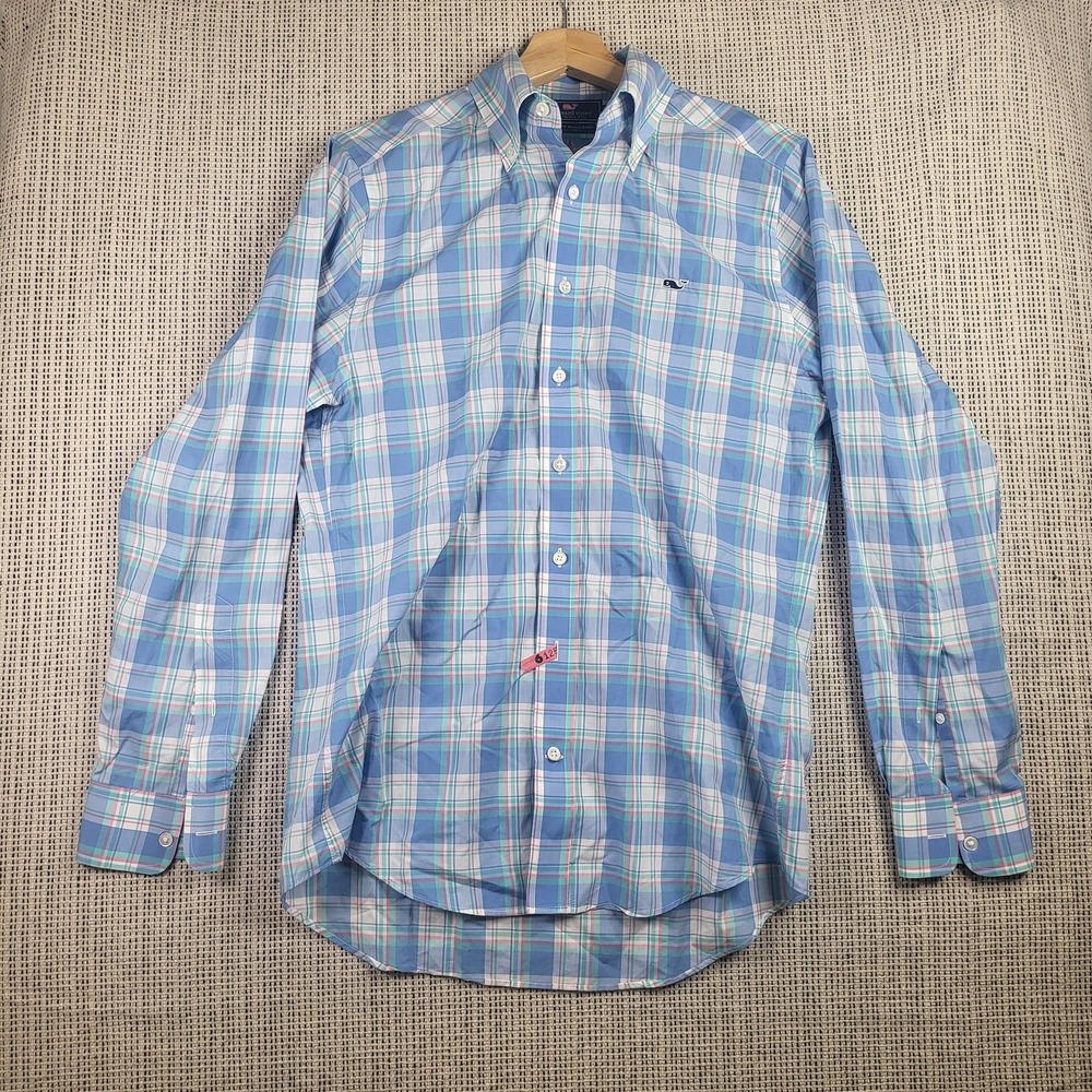 Vineyard Vines Shirt Mens Small Blue Green Plaid Slim Fit Whale Logo Cotton